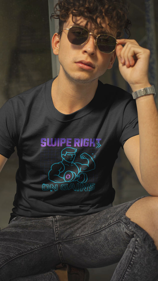 Swipe Right on Gains" Graphic Tee | Funny Workout Shirt & Fitness Gift