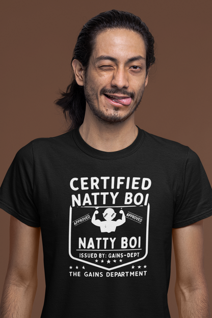 Certified Natty Boi Funny T-Shirt | Unisex Fitness & Gym Gift