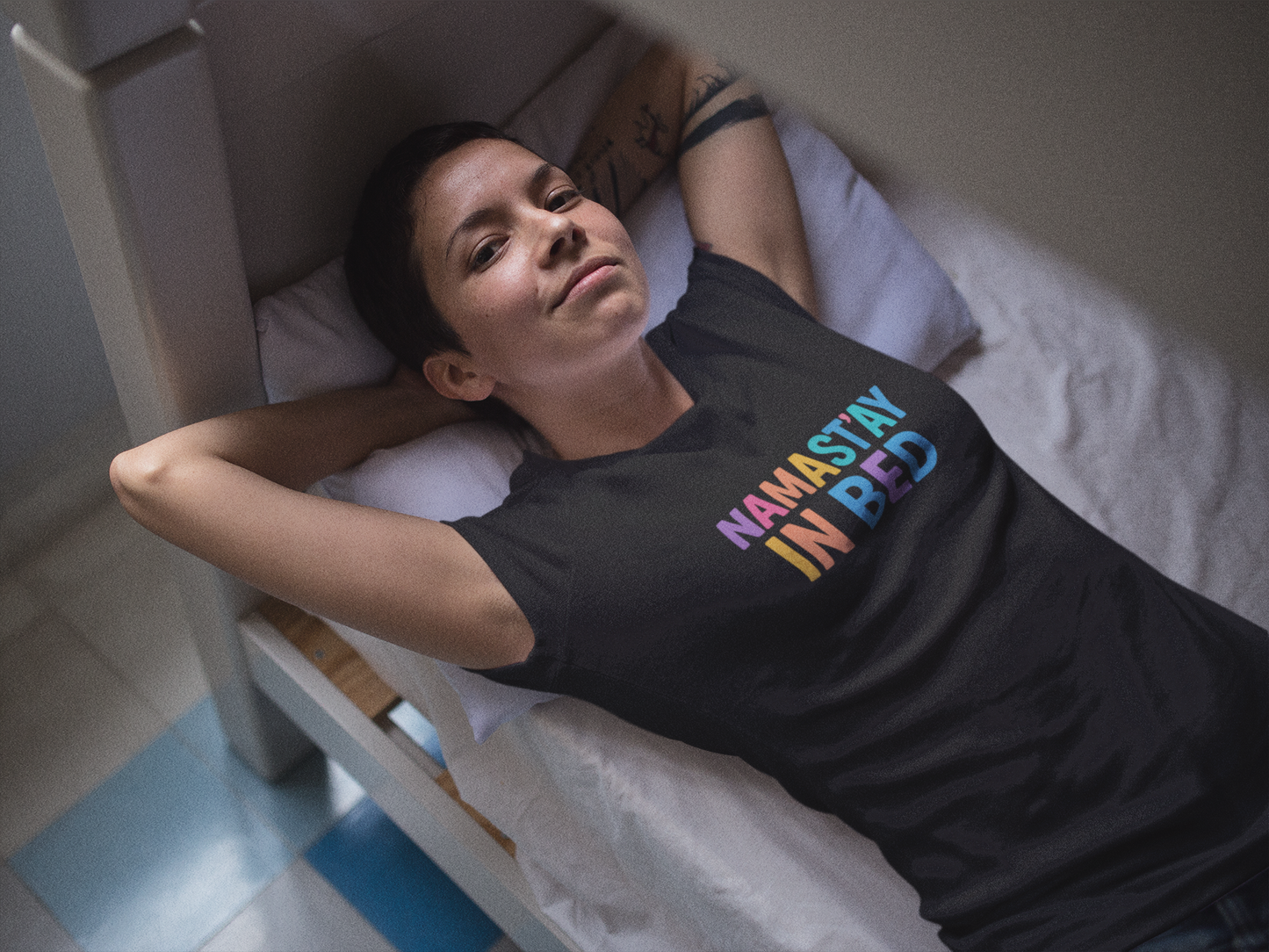 Colorful Humor Tee: "NamaSTAY In Bed" Funny Sleep Shirt