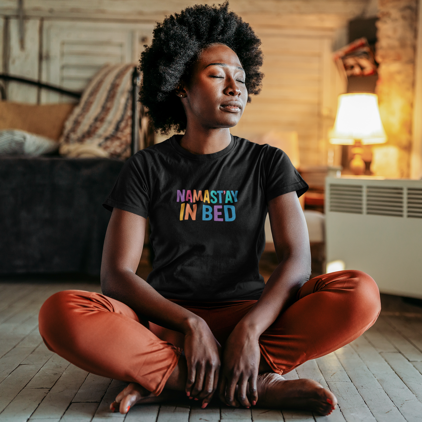 Colorful Humor Tee: "NamaSTAY In Bed" Funny Sleep Shirt