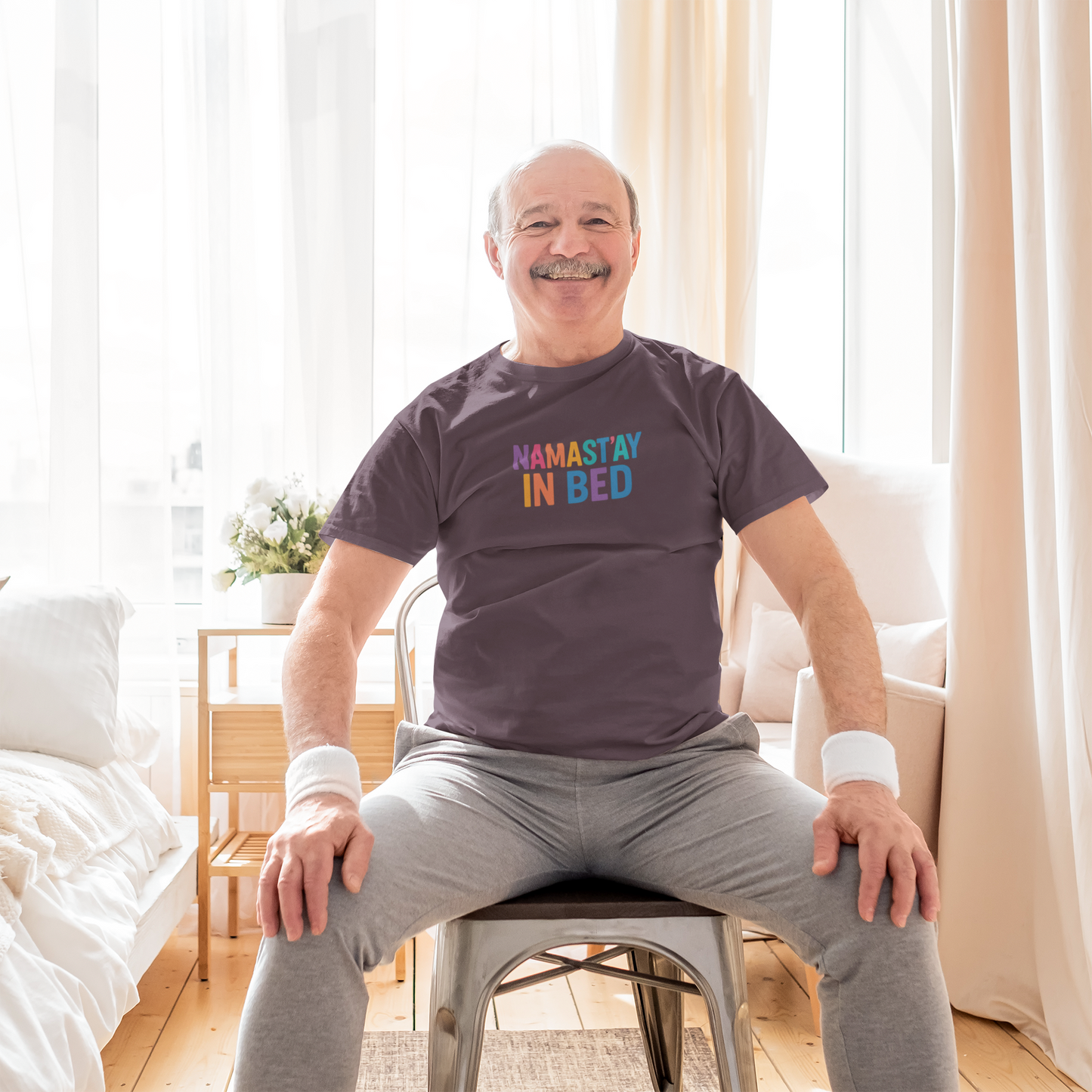 Colorful Humor Tee: "NamaSTAY In Bed" Funny Sleep Shirt