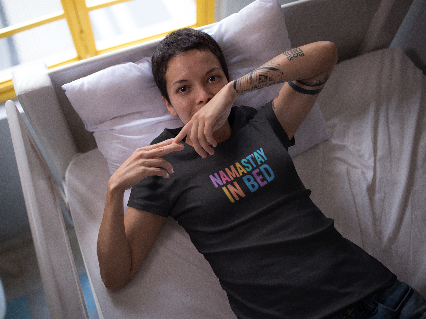 Colorful Humor Tee: "NamaSTAY In Bed" Funny Sleep Shirt