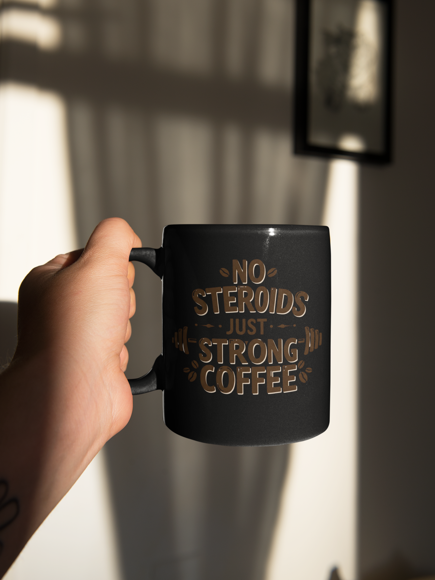 "No Steroids, Just Strong Coffee" Black Mug | Funny Gym Lover Gift, Motivational Bodybuilding Mug