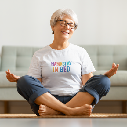 Colorful Humor Tee: "NamaSTAY In Bed" Funny Sleep Shirt