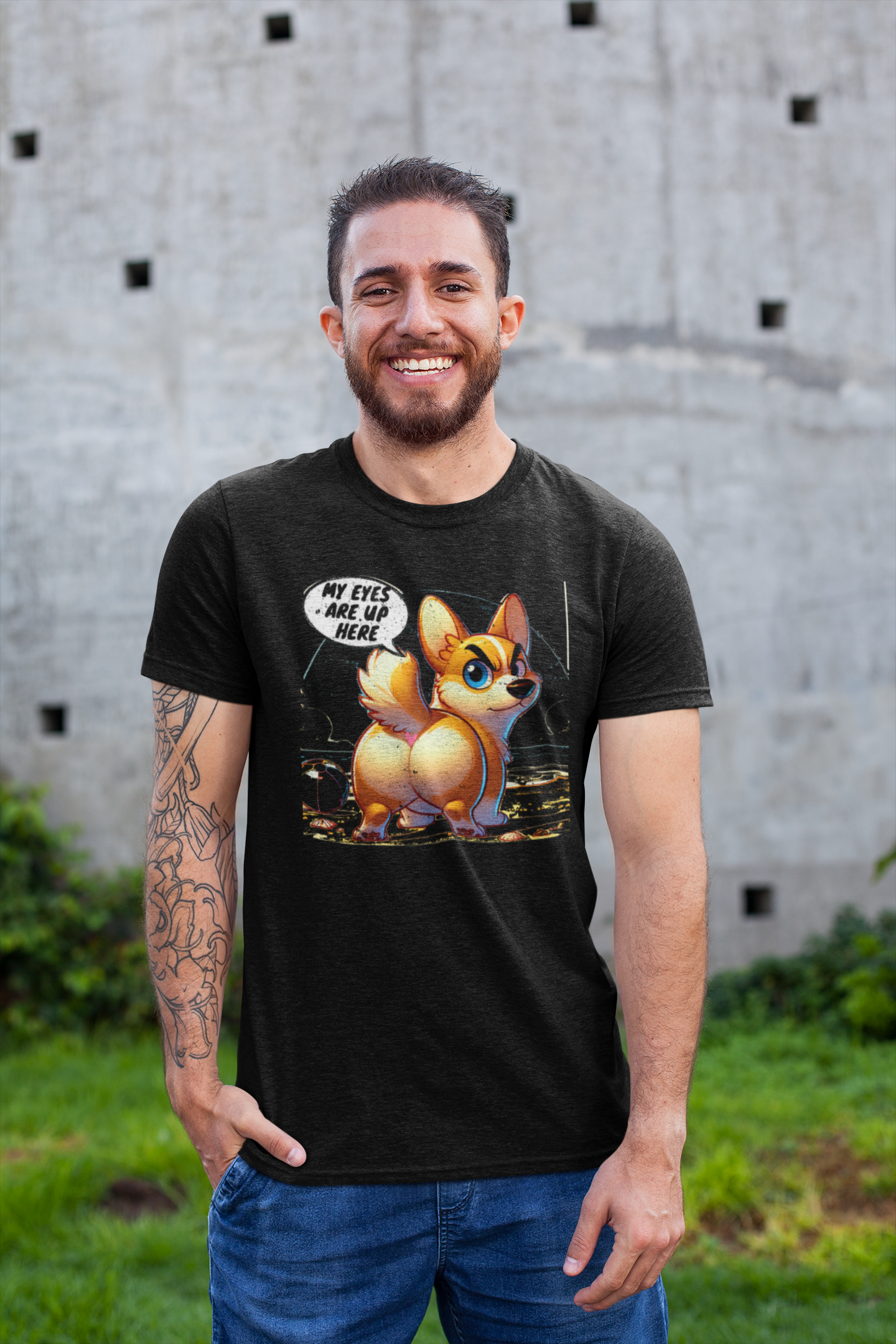 Distress Funny Corgi Graphic Tee - 'My Eyes Are Up Here' Unisex Jersey T-Shirt