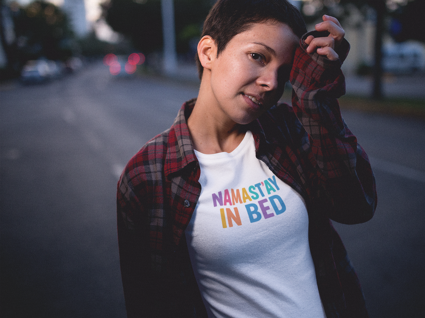 Colorful Humor Tee: "NamaSTAY In Bed" Funny Sleep Shirt
