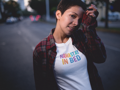 Colorful Humor Tee: "NamaSTAY In Bed" Funny Sleep Shirt