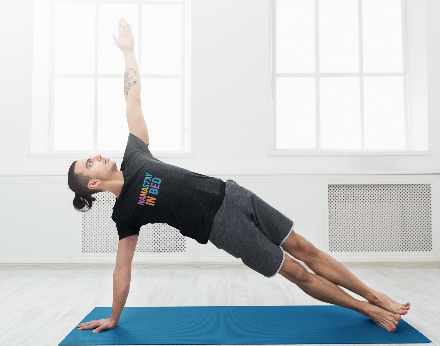 Colorful Humor Tee: "NamaSTAY In Bed" Funny Sleep Shirt