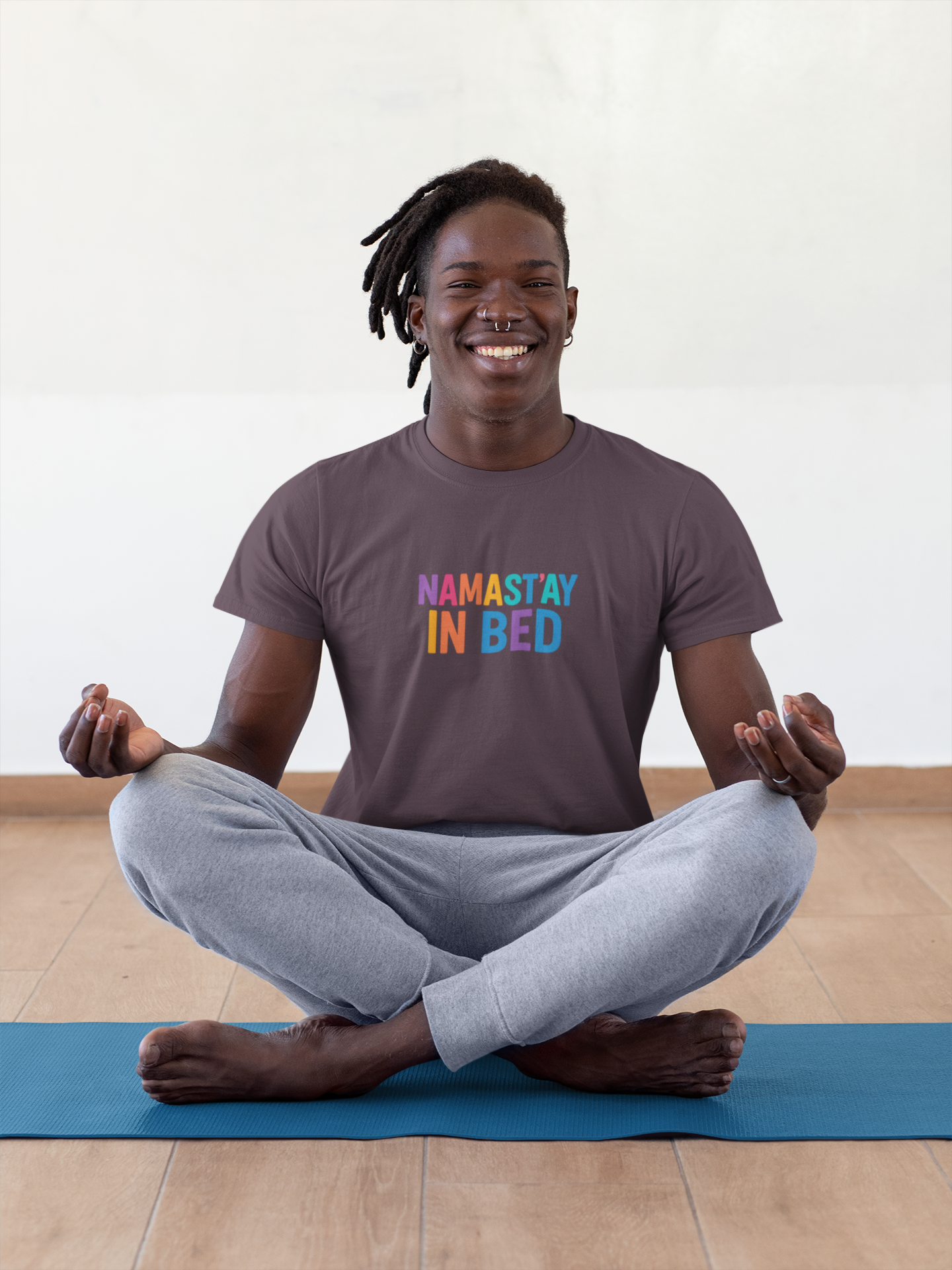 Colorful Humor Tee: "NamaSTAY In Bed" Funny Sleep Shirt