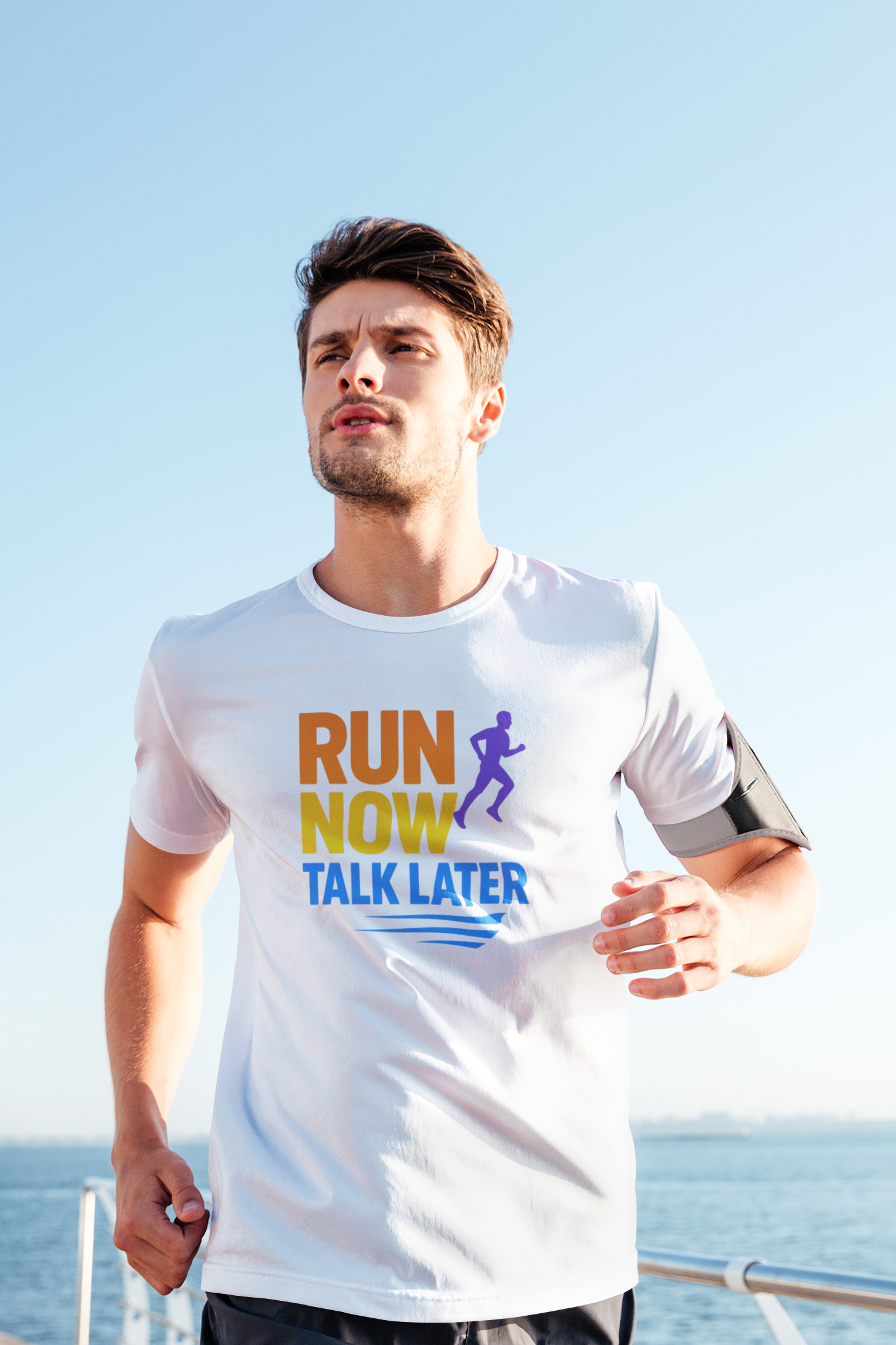 Run Now Talk Later T-Shirt | Funny Running Shirt, Unisex Moisture-Wicking Workout Tee
