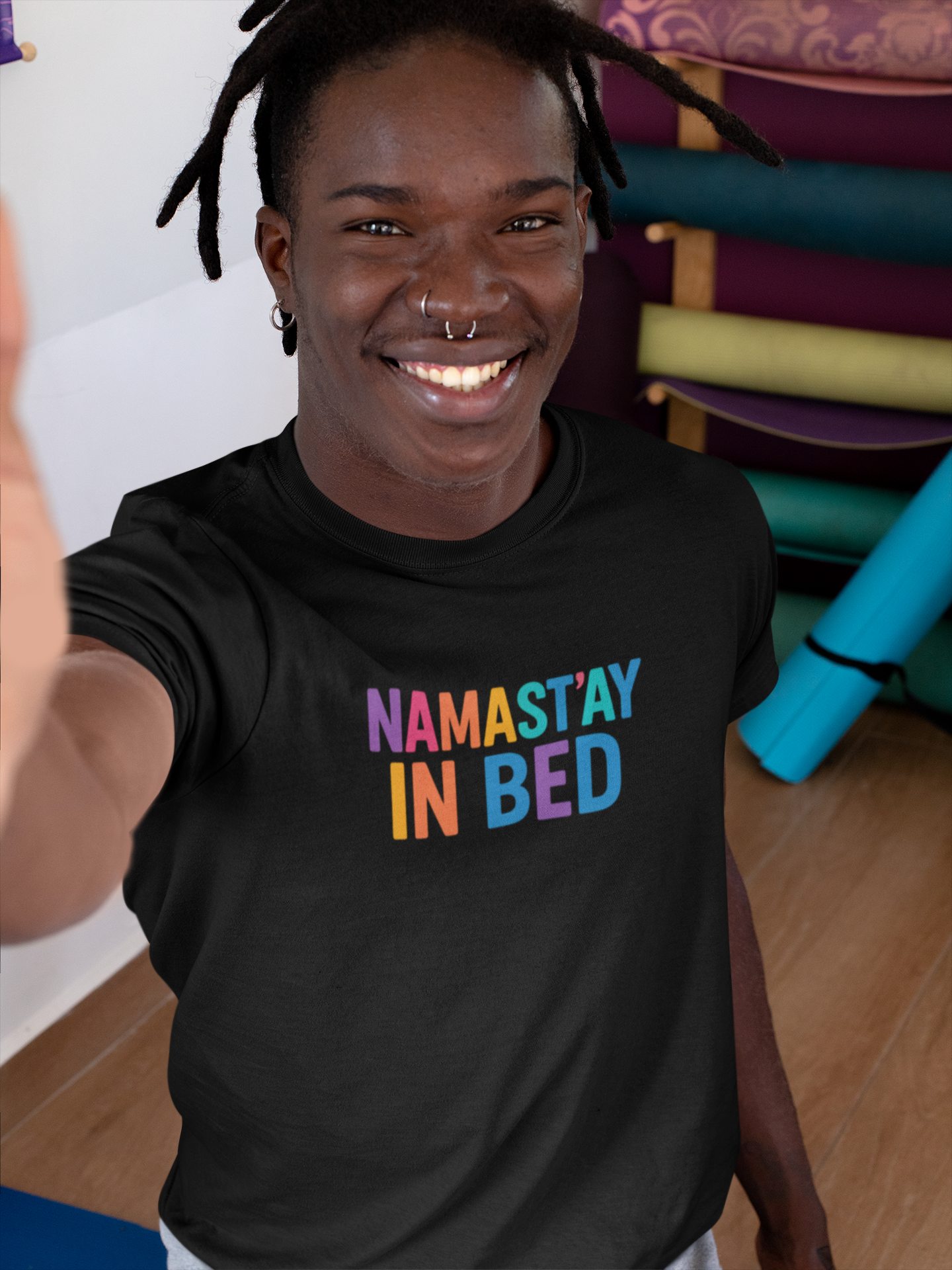 Colorful Humor Tee: "NamaSTAY In Bed" Funny Sleep Shirt