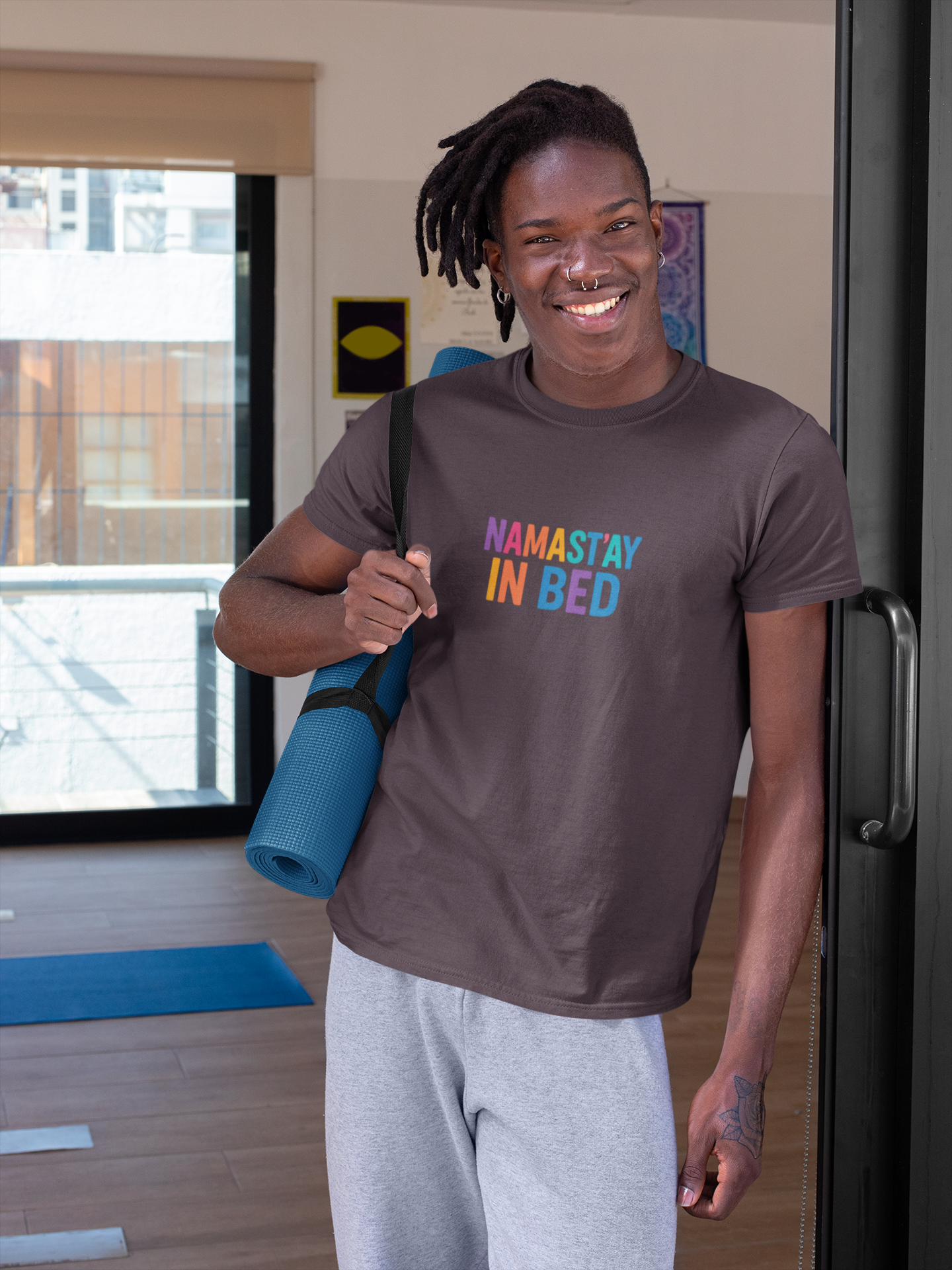 Colorful Humor Tee: "NamaSTAY In Bed" Funny Sleep Shirt