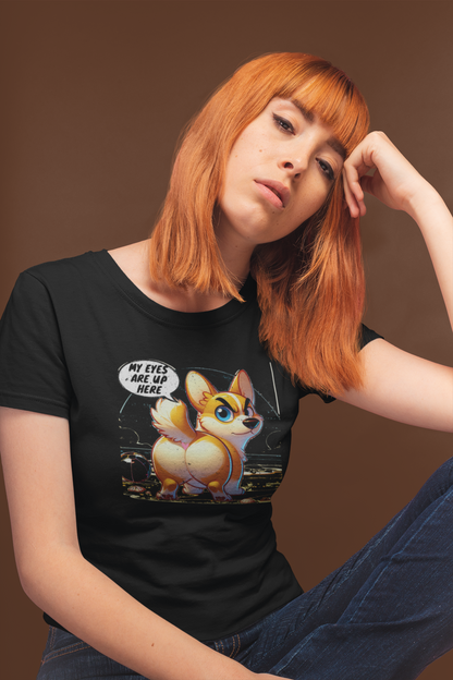 Distressed "My Eyes Are Up Here" Corgi T-Shirt | Funny Unisex Dog Lover Gift