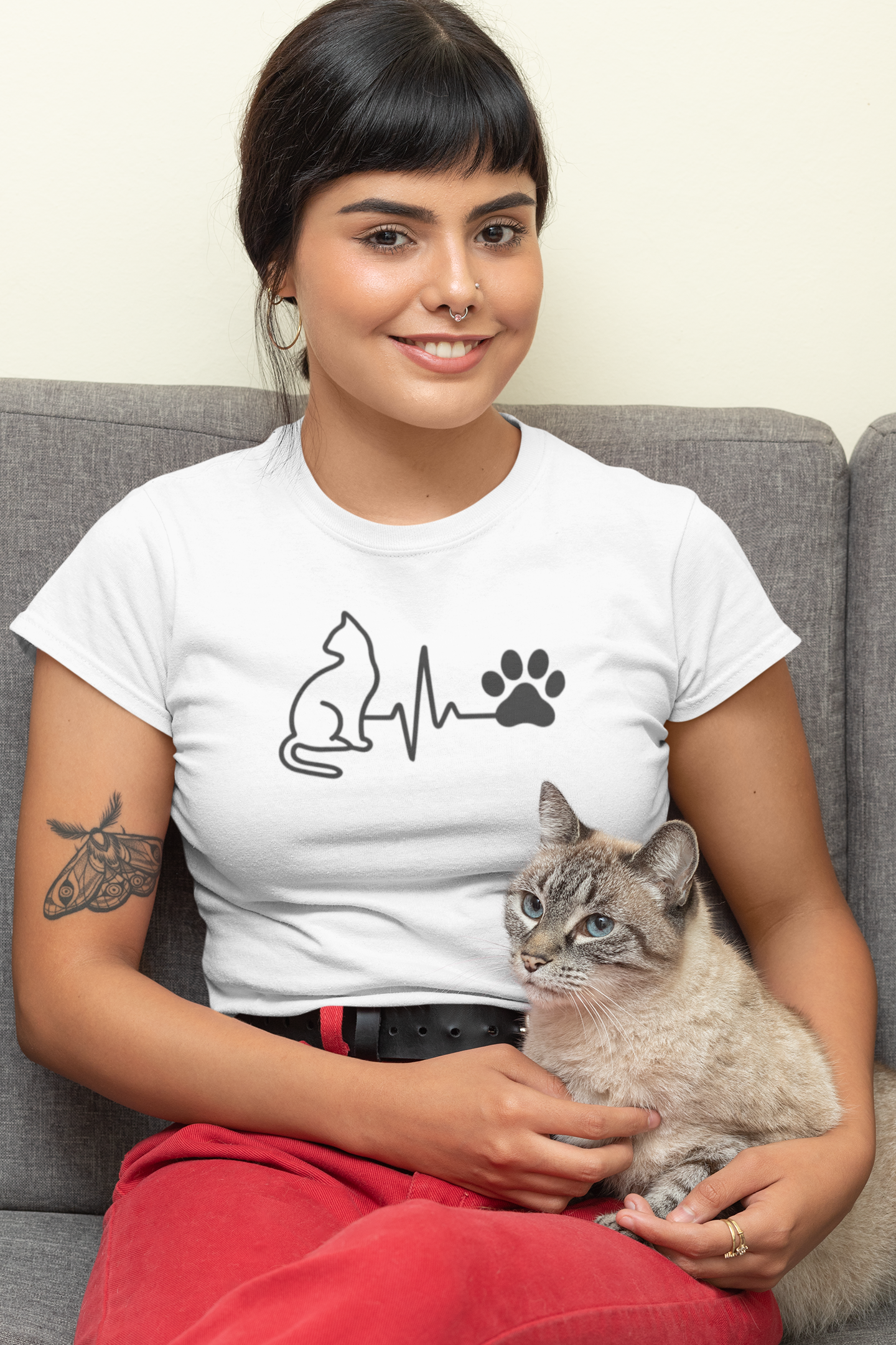 Cat Lover Women's Boyfriend Tee, Cute Cat Shirt, Pet Owner Gift, Animal Lover Apparel, Heartbeat Cat Design, Casual Everyday Wear