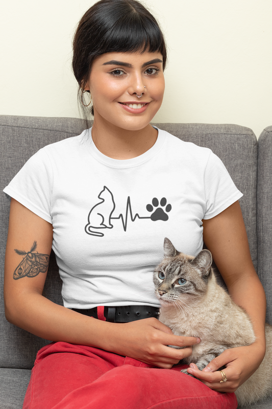 Cat Lover Women's Boyfriend Tee, Cute Cat Shirt, Pet Owner Gift, Animal Lover Apparel, Heartbeat Cat Design, Casual Everyday Wear