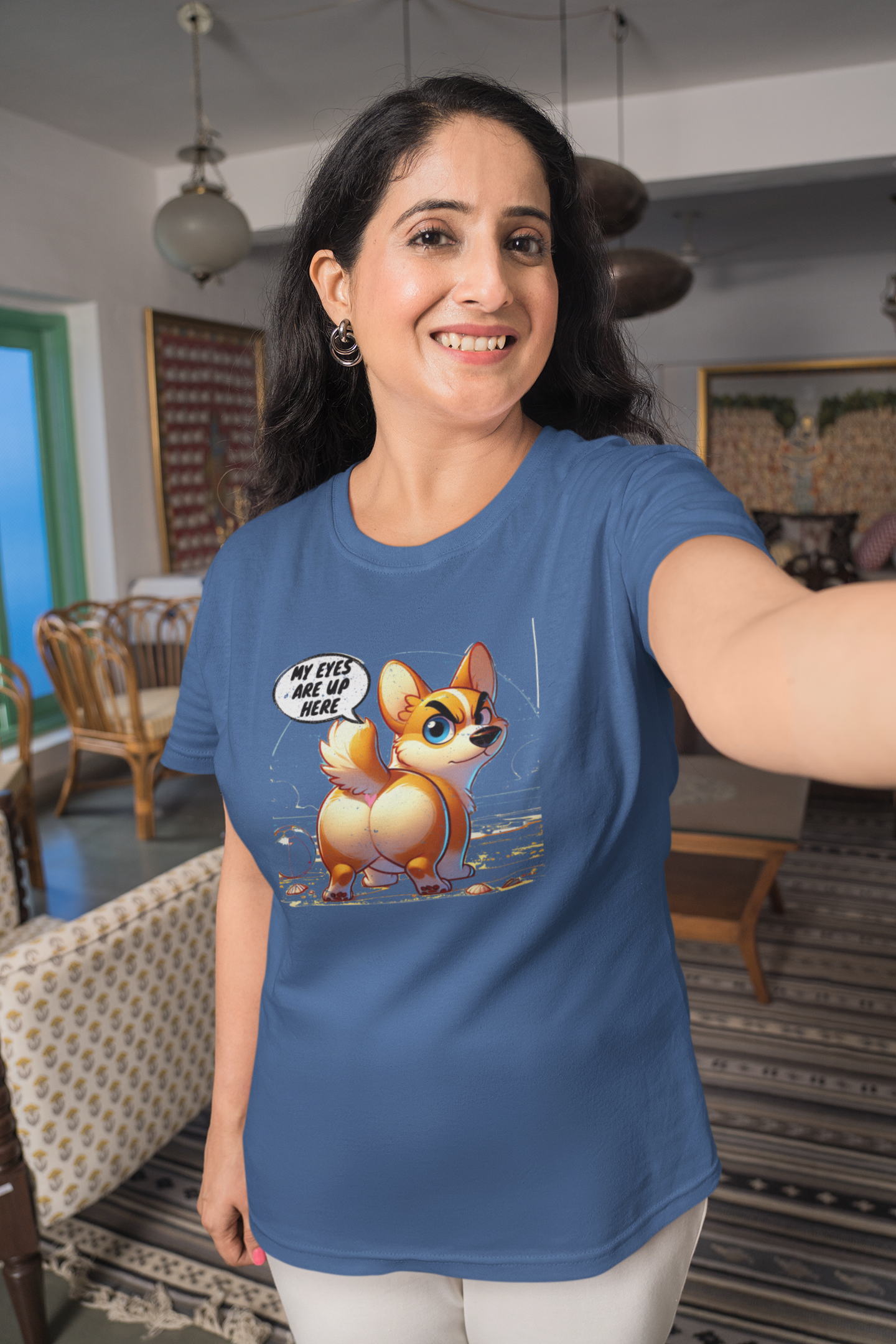 Distressed "My Eyes Are Up Here" Corgi T-Shirt | Funny Unisex Dog Lover Gift